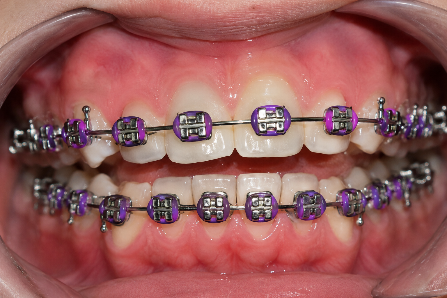 Close-up of orthodontic ligatures on braces
