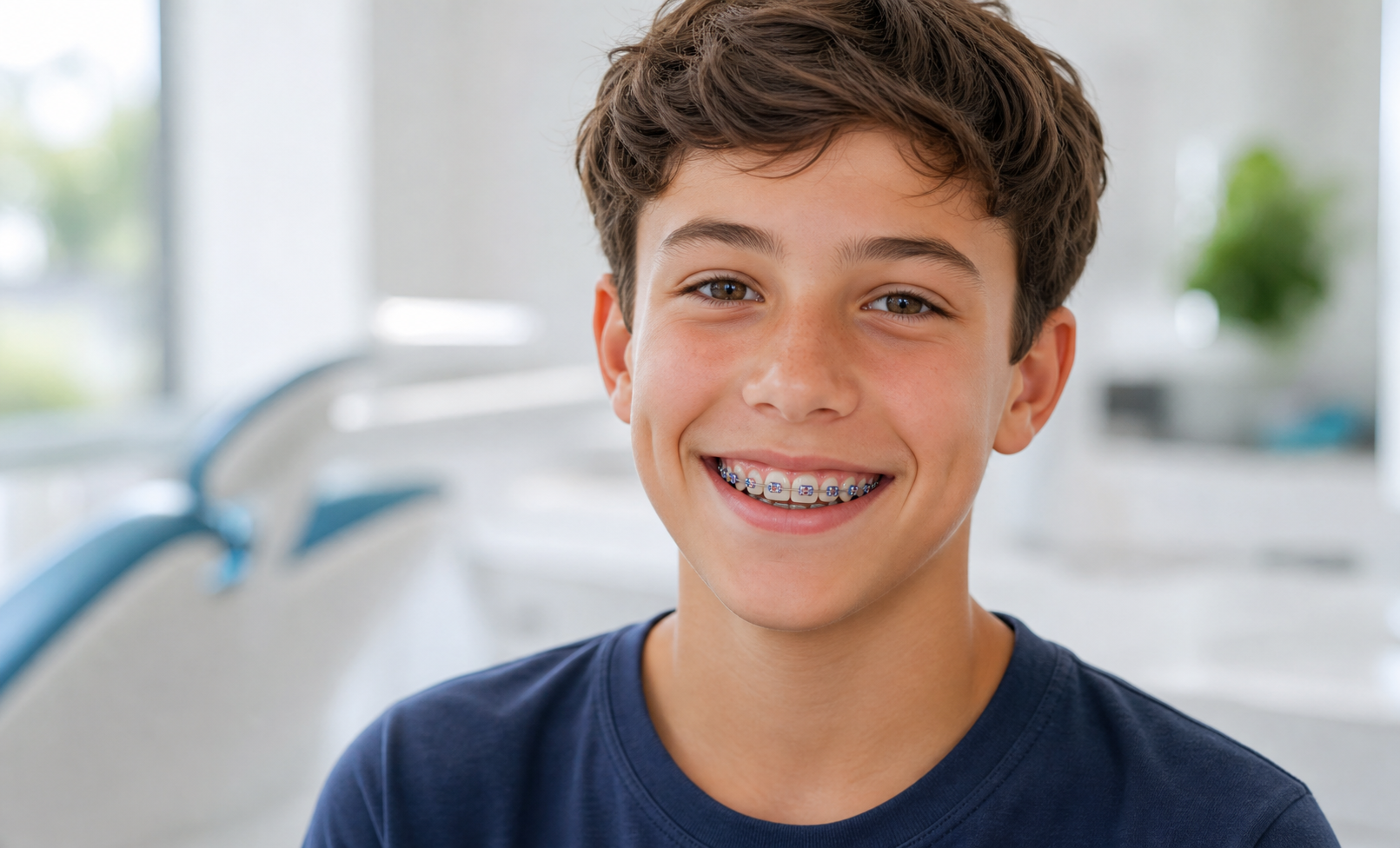 Smiling child wearing braces with colorful ligatures